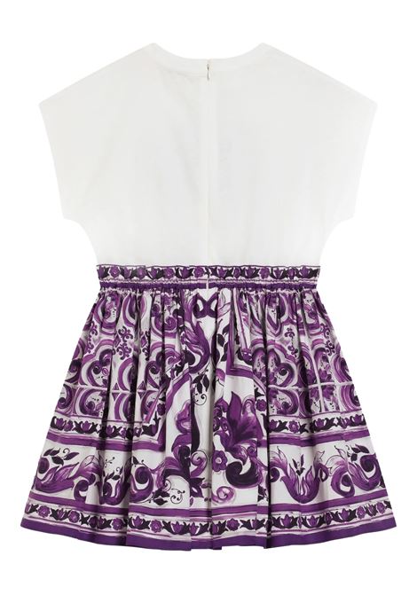 White and Purple Dress with DG Logo and Maiolica Print DOLCE & GABBANA KIDS | L5JDAF-G7PEES9000